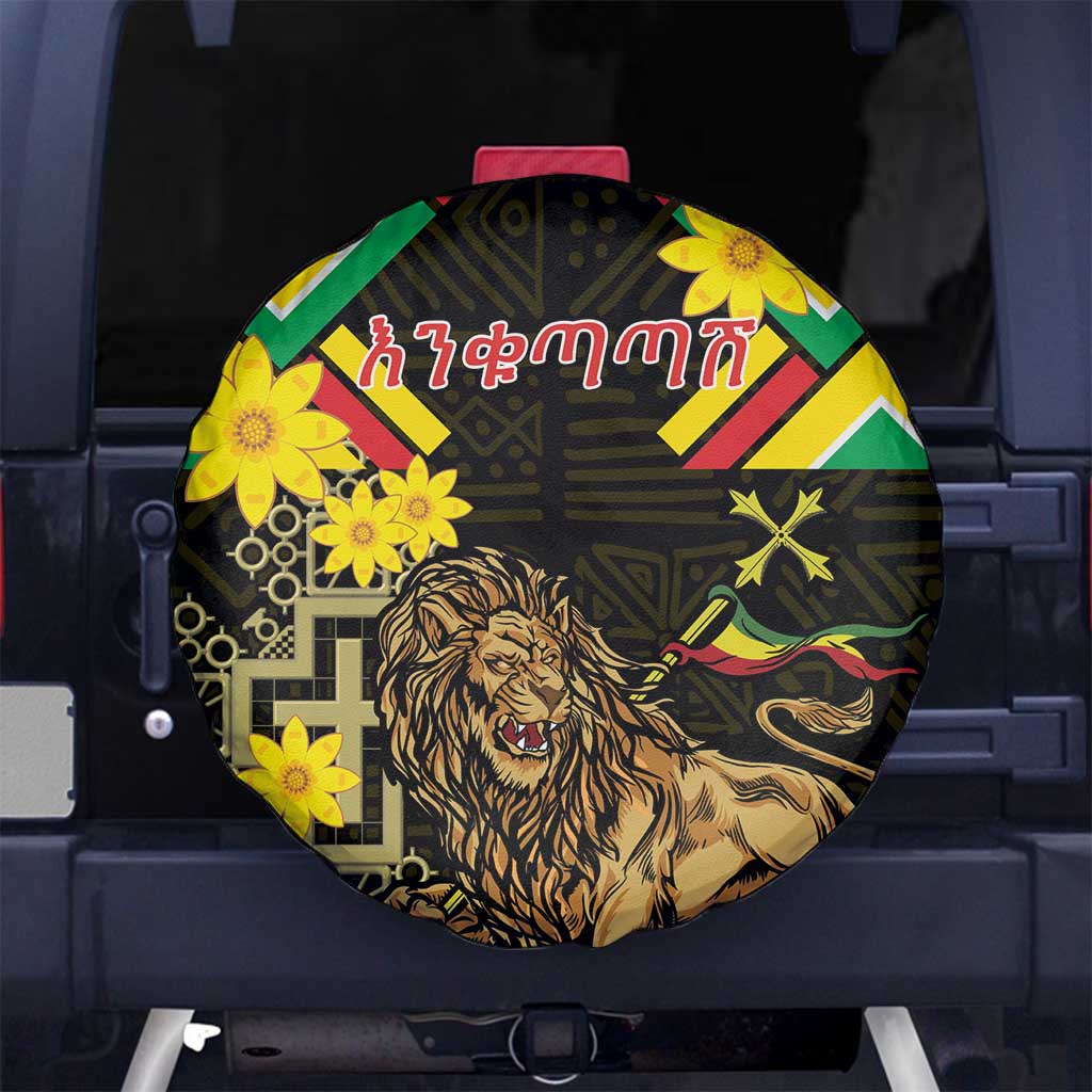 Ethiopia Enkutatash Lion of Judah Spare Tire Cover With Folk Pattern - Wonder Print Shop