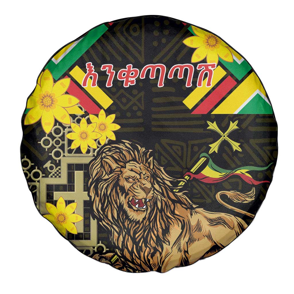Ethiopia Enkutatash Lion of Judah Spare Tire Cover With Folk Pattern - Wonder Print Shop