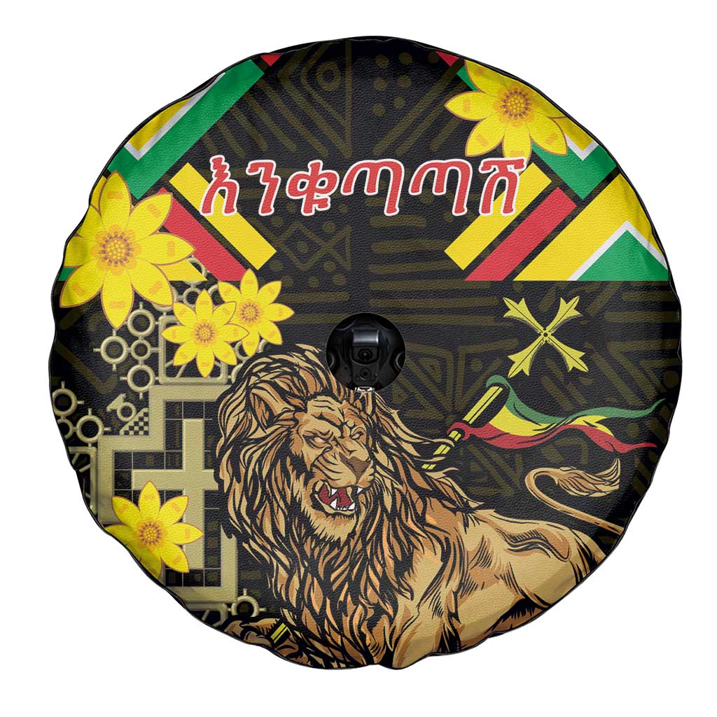 Ethiopia Enkutatash Lion of Judah Spare Tire Cover With Folk Pattern - Wonder Print Shop