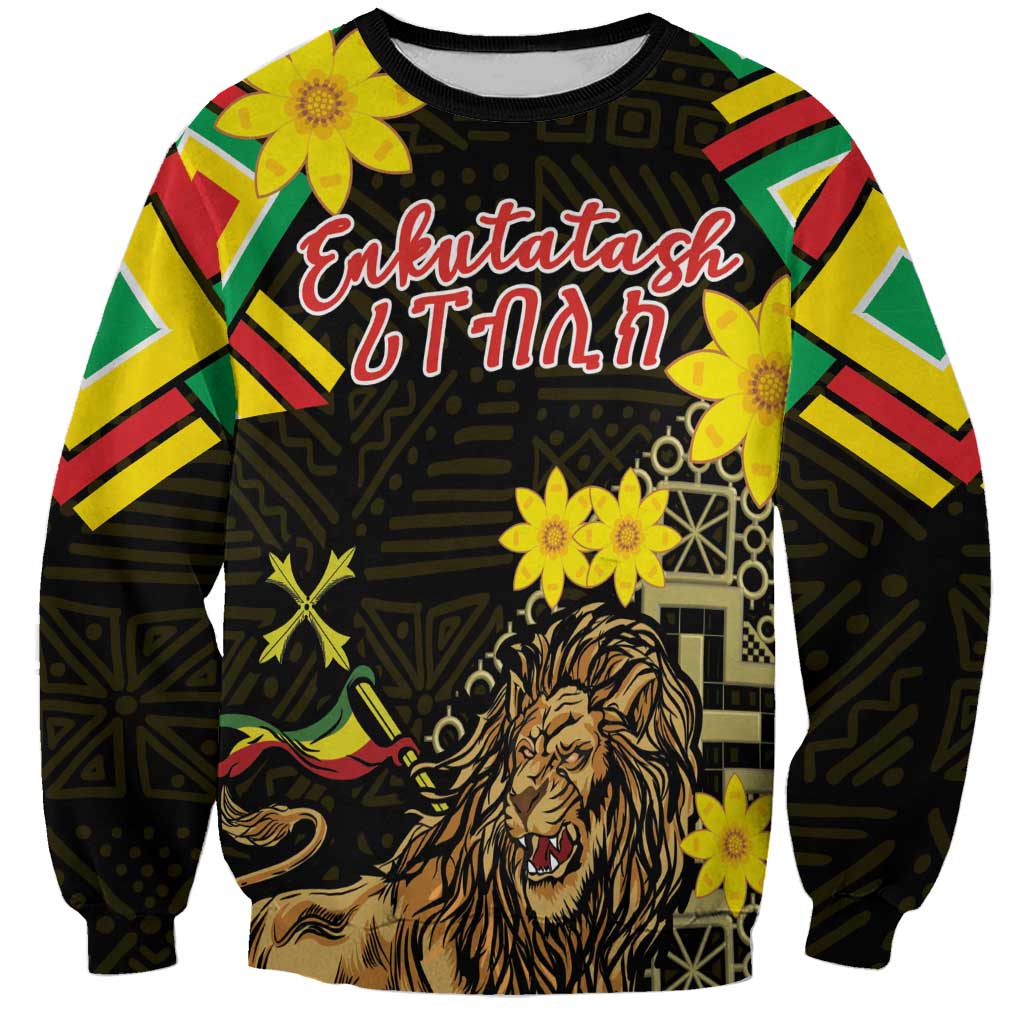 Ethiopia Enkutatash Lion of Judah Sweatshirt With Folk Pattern - Wonder Print Shop