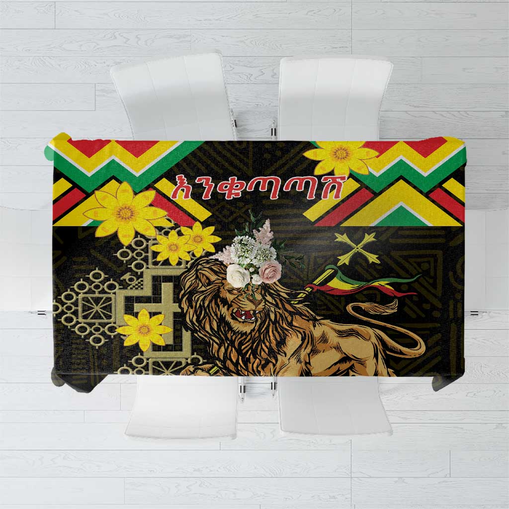 Ethiopia Enkutatash Lion of Judah Tablecloth With Folk Pattern - Wonder Print Shop
