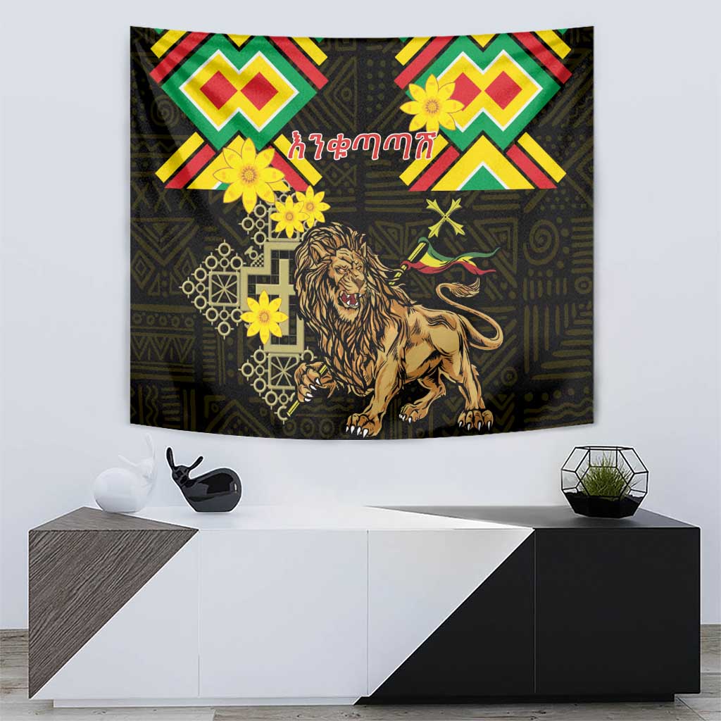 Ethiopia Enkutatash Lion of Judah Tapestry With Folk Pattern - Wonder Print Shop