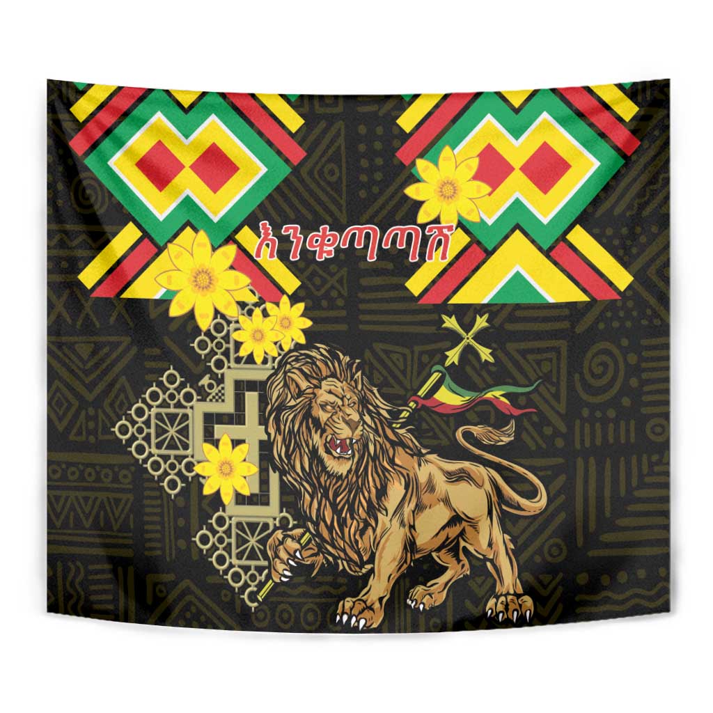 Ethiopia Enkutatash Lion of Judah Tapestry With Folk Pattern - Wonder Print Shop