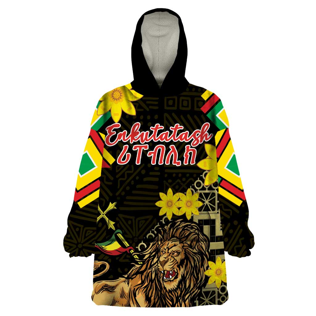 Ethiopia Enkutatash Lion of Judah Wearable Blanket Hoodie With Folk Pattern - Wonder Print Shop