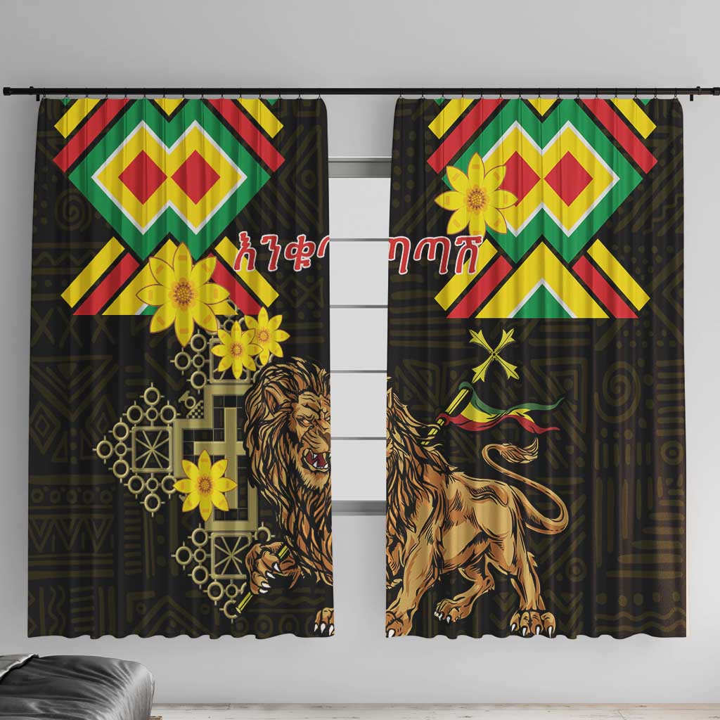 Ethiopia Enkutatash Lion of Judah Window Curtain With Folk Pattern - Wonder Print Shop