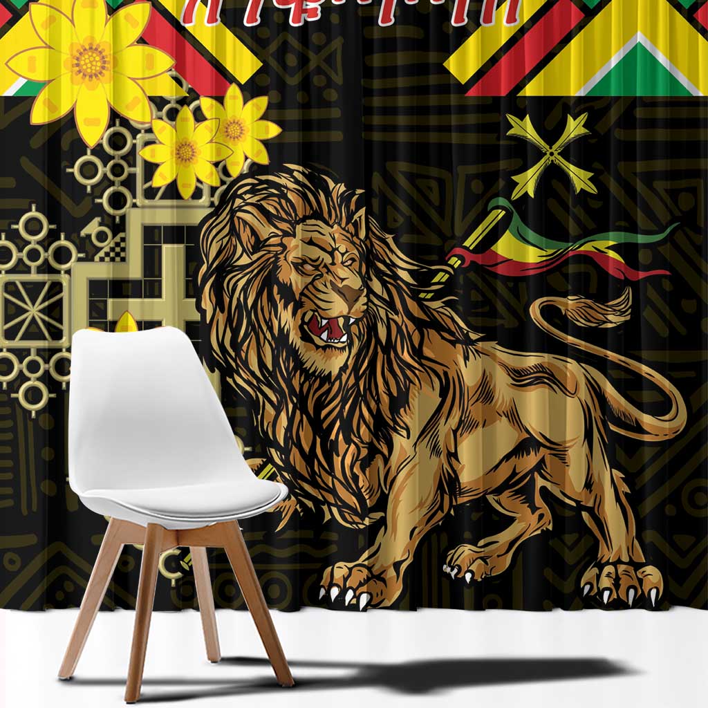 Ethiopia Enkutatash Lion of Judah Window Curtain With Folk Pattern - Wonder Print Shop