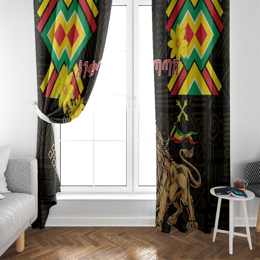 Ethiopia Enkutatash Lion of Judah Window Curtain With Folk Pattern - Wonder Print Shop