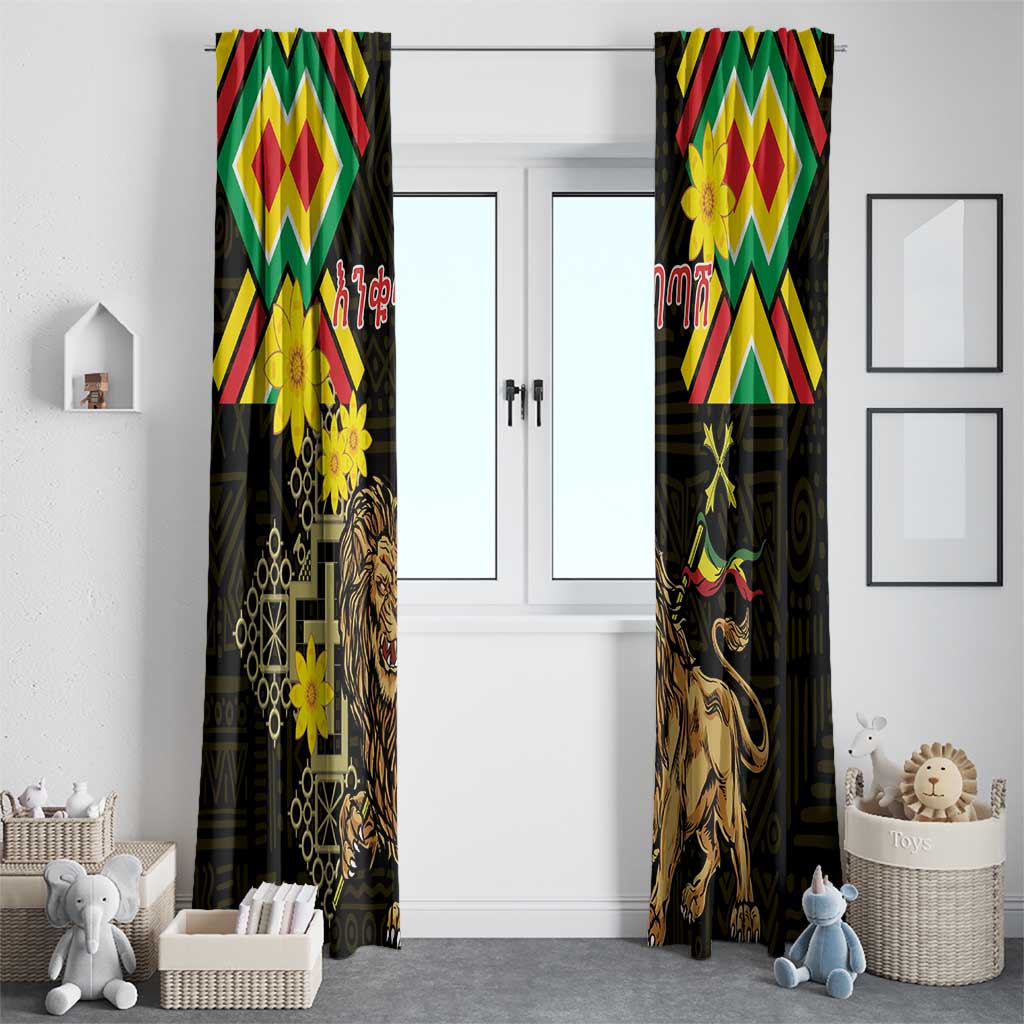 Ethiopia Enkutatash Lion of Judah Window Curtain With Folk Pattern - Wonder Print Shop