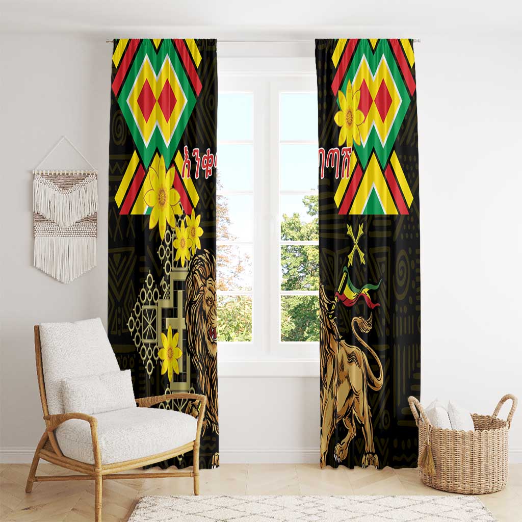 Ethiopia Enkutatash Lion of Judah Window Curtain With Folk Pattern - Wonder Print Shop
