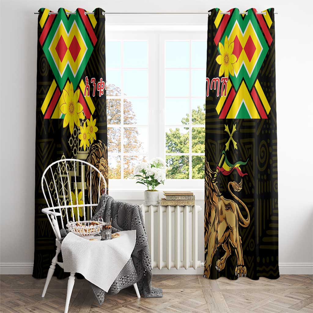 Ethiopia Enkutatash Lion of Judah Window Curtain With Folk Pattern - Wonder Print Shop
