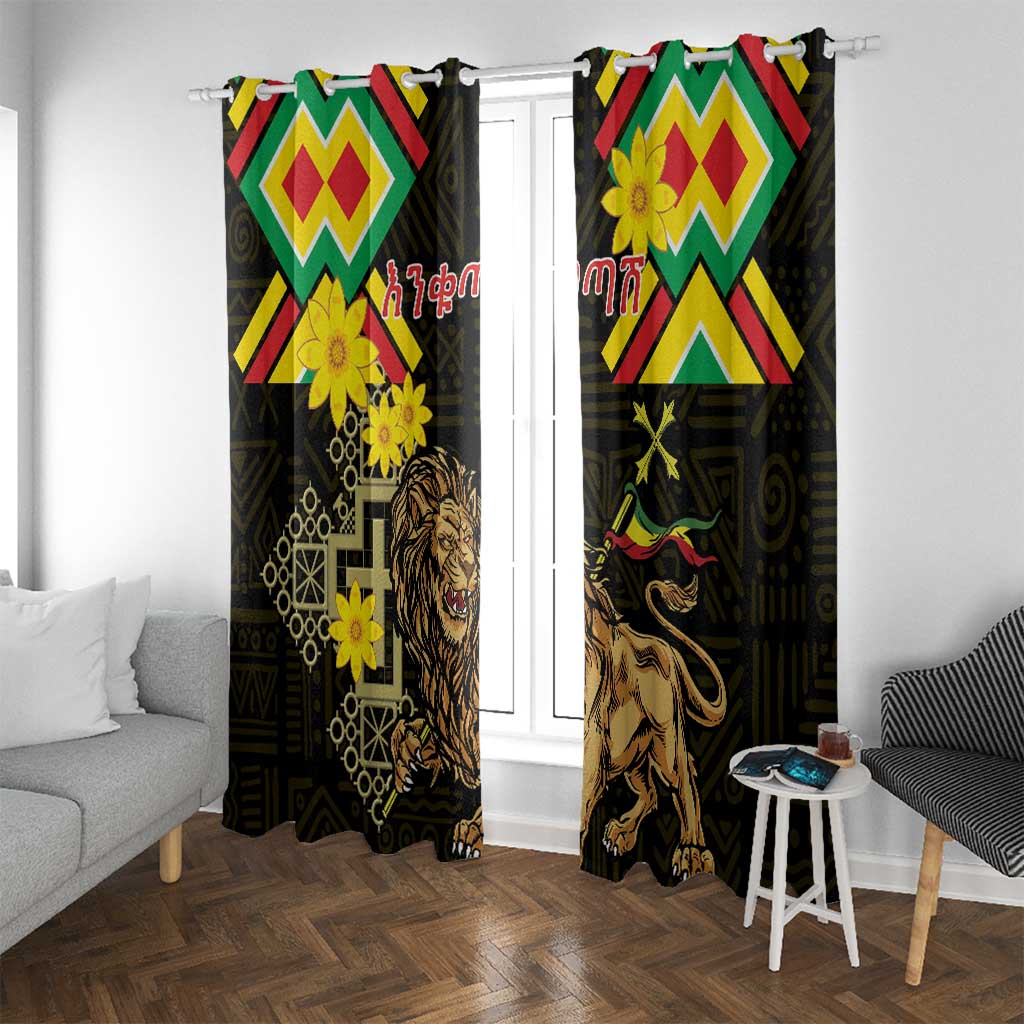 Ethiopia Enkutatash Lion of Judah Window Curtain With Folk Pattern - Wonder Print Shop