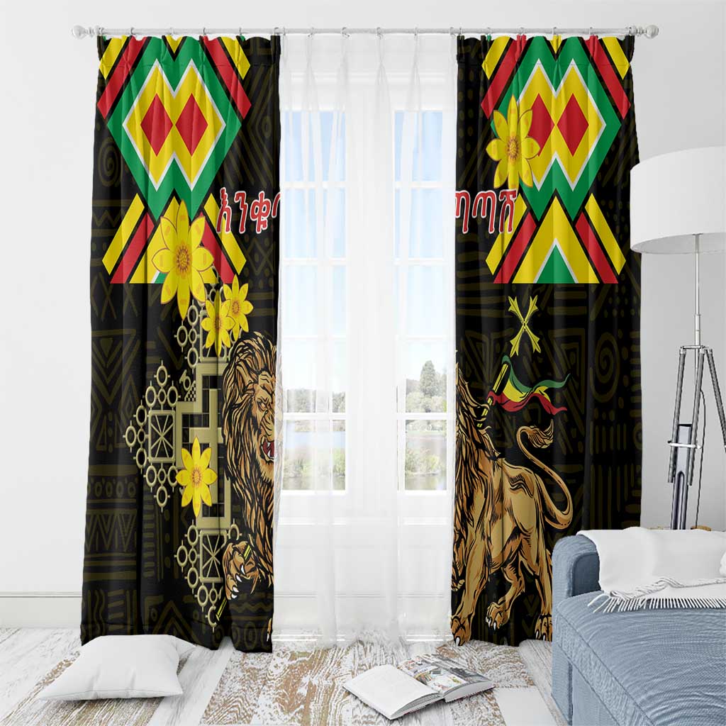 Ethiopia Enkutatash Lion of Judah Window Curtain With Folk Pattern - Wonder Print Shop