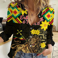 Ethiopia Enkutatash Lion of Judah Women Casual Shirt With Folk Pattern - Wonder Print Shop
