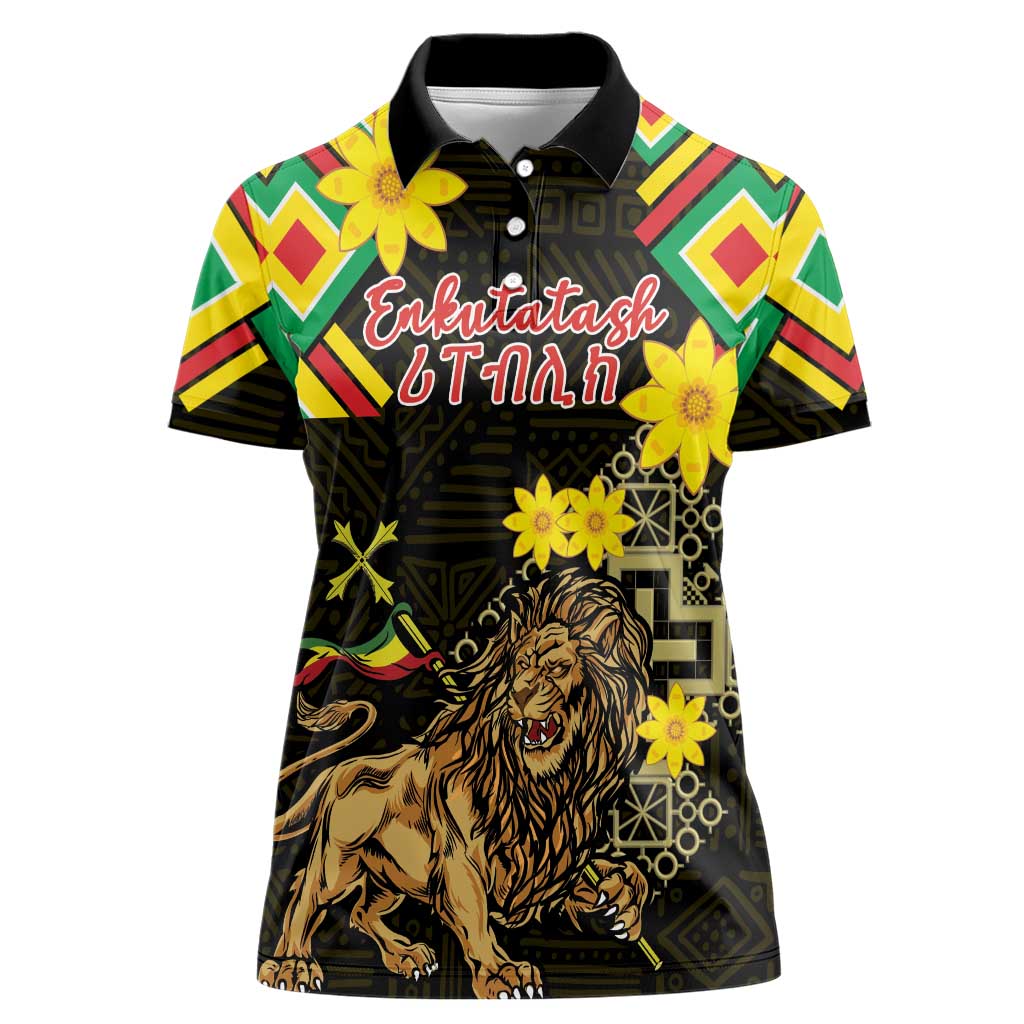 Ethiopia Enkutatash Lion of Judah Women Polo Shirt With Folk Pattern - Wonder Print Shop