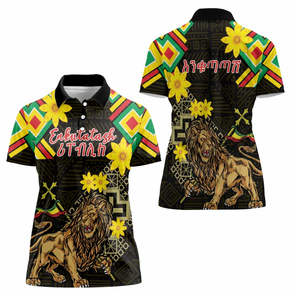 Ethiopia Enkutatash Lion of Judah Women Polo Shirt With Folk Pattern - Wonder Print Shop
