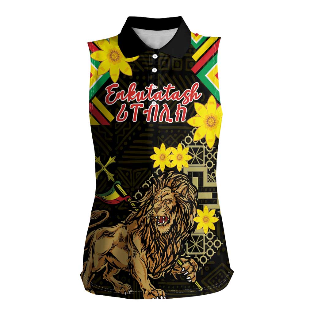 Ethiopia Enkutatash Lion of Judah Women Sleeveless Polo Shirt With Folk Pattern - Wonder Print Shop
