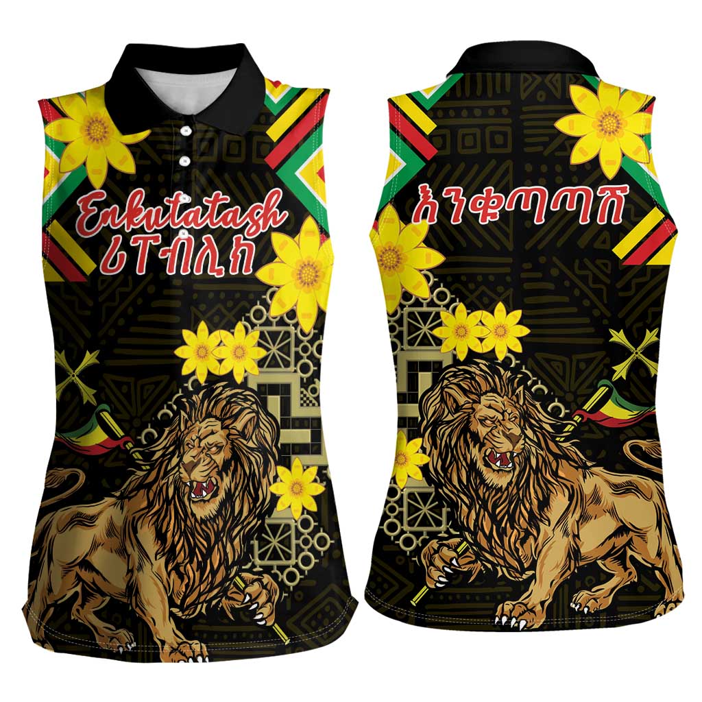 Ethiopia Enkutatash Lion of Judah Women Sleeveless Polo Shirt With Folk Pattern - Wonder Print Shop