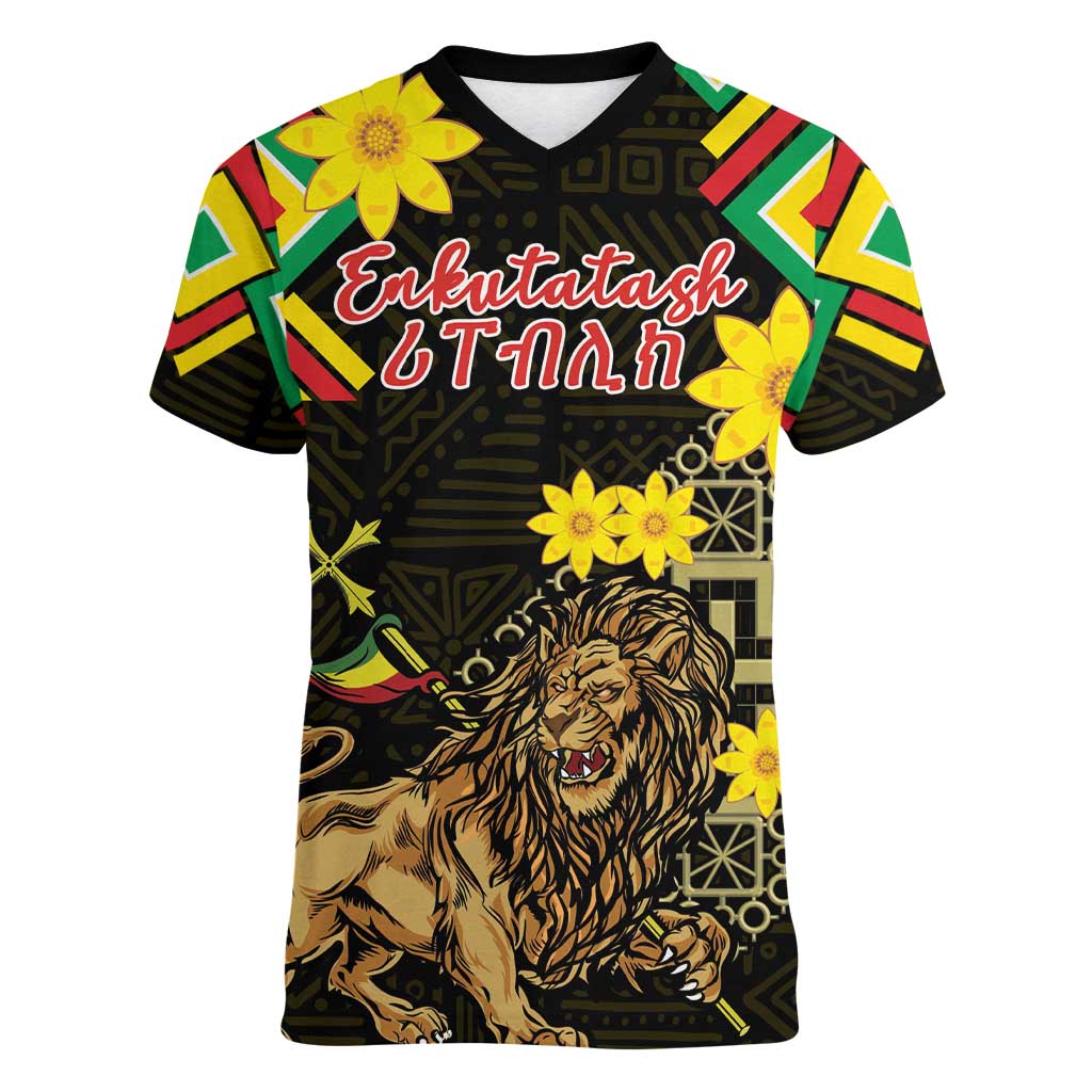 Ethiopia Enkutatash Lion of Judah Women V-Neck T-Shirt With Folk Pattern - Wonder Print Shop