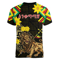Ethiopia Enkutatash Lion of Judah Women V-Neck T-Shirt With Folk Pattern - Wonder Print Shop