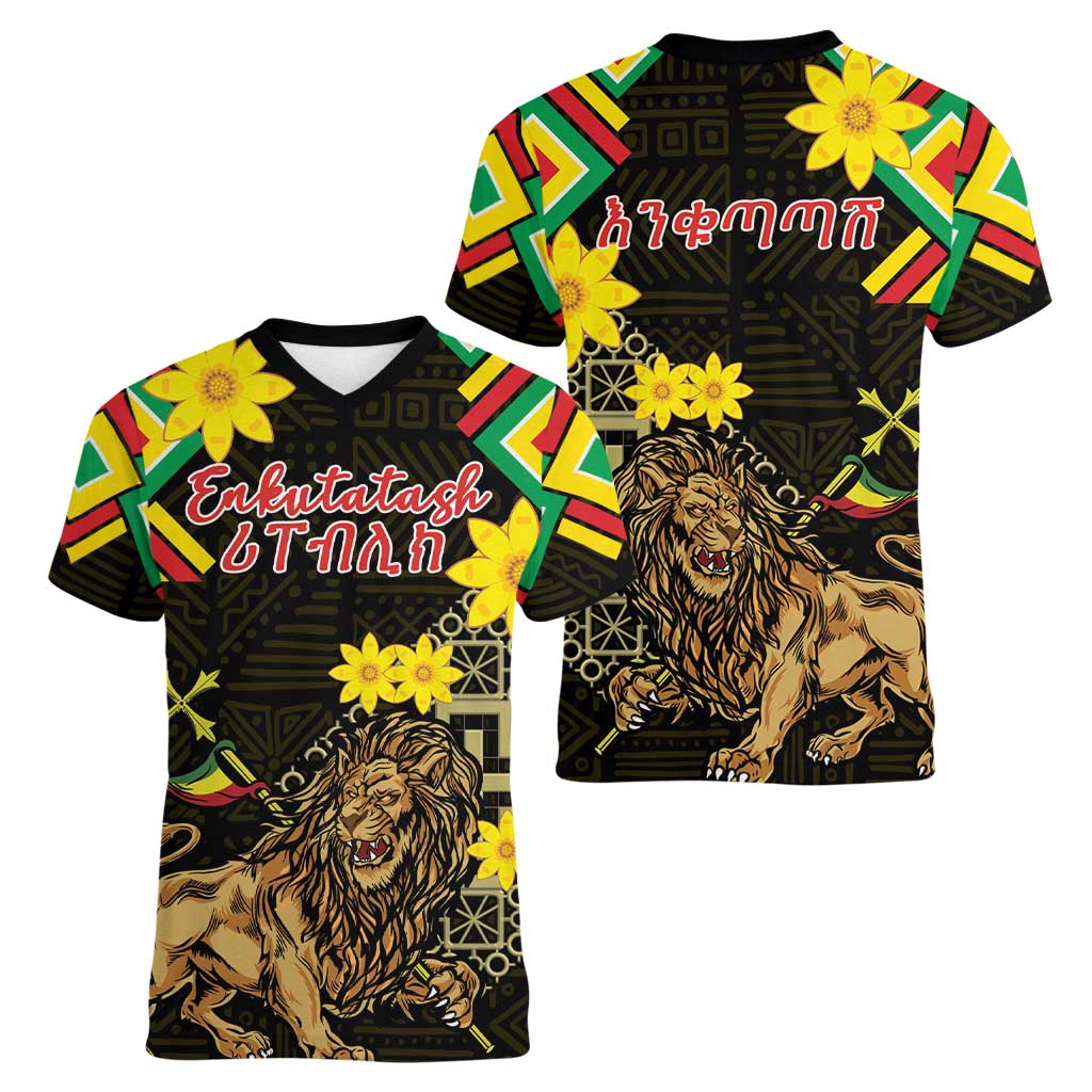 Ethiopia Enkutatash Lion of Judah Women V-Neck T-Shirt With Folk Pattern - Wonder Print Shop