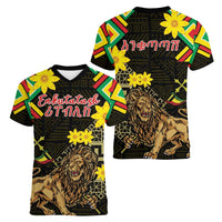 Ethiopia Enkutatash Lion of Judah Women V-Neck T-Shirt With Folk Pattern - Wonder Print Shop