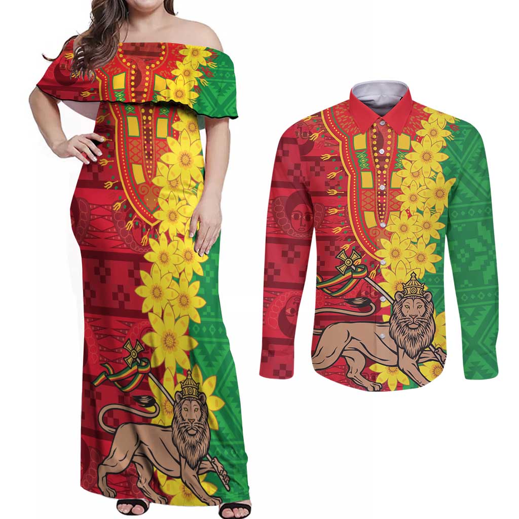 Ethiopia Enkutatash Melkam Addis Amet Couples Matching Off Shoulder Maxi Dress and Long Sleeve Button Shirt With Bidens Macroptera - Wonder Print Shop