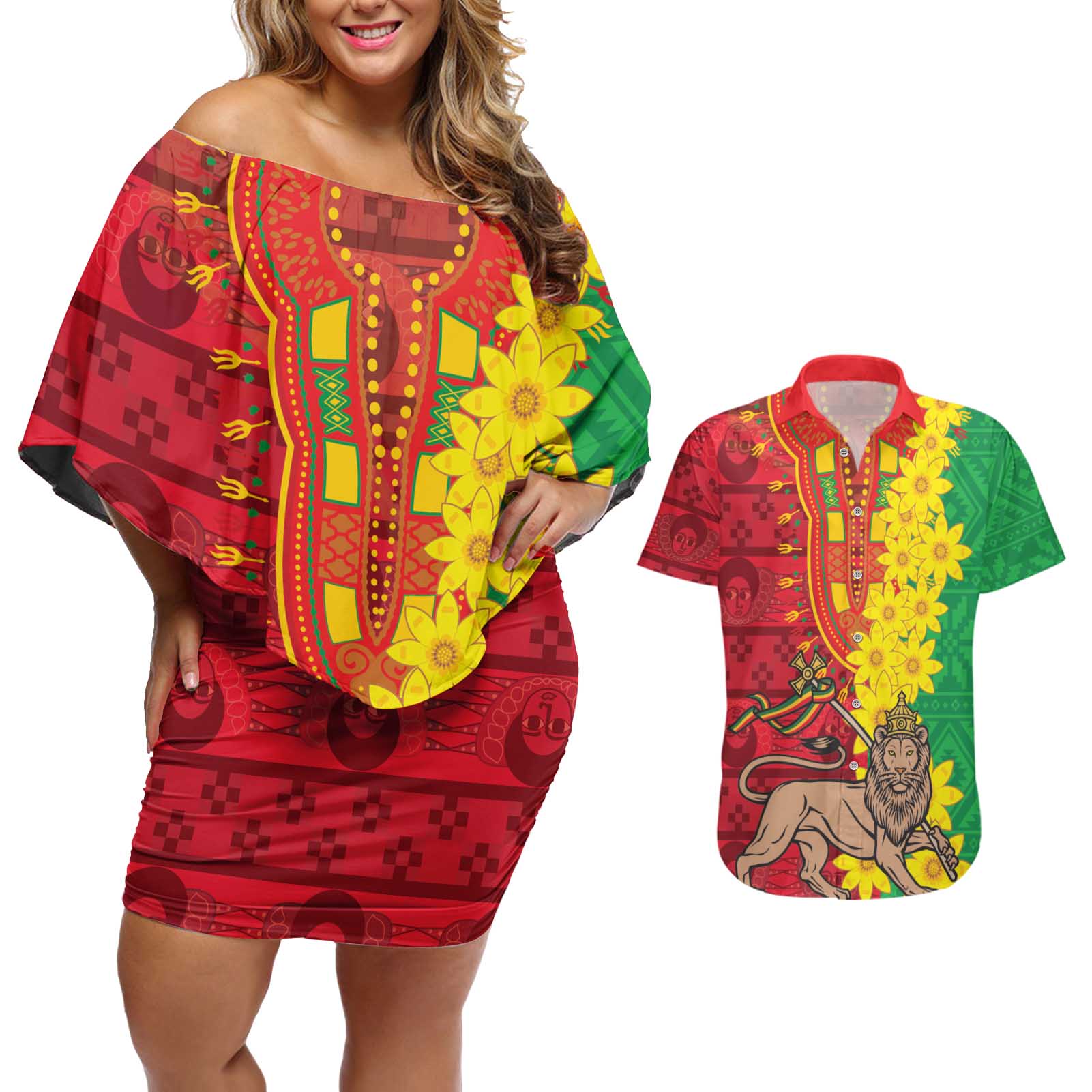 Ethiopia Enkutatash Melkam Addis Amet Couples Matching Off Shoulder Short Dress and Hawaiian Shirt With Bidens Macroptera - Wonder Print Shop