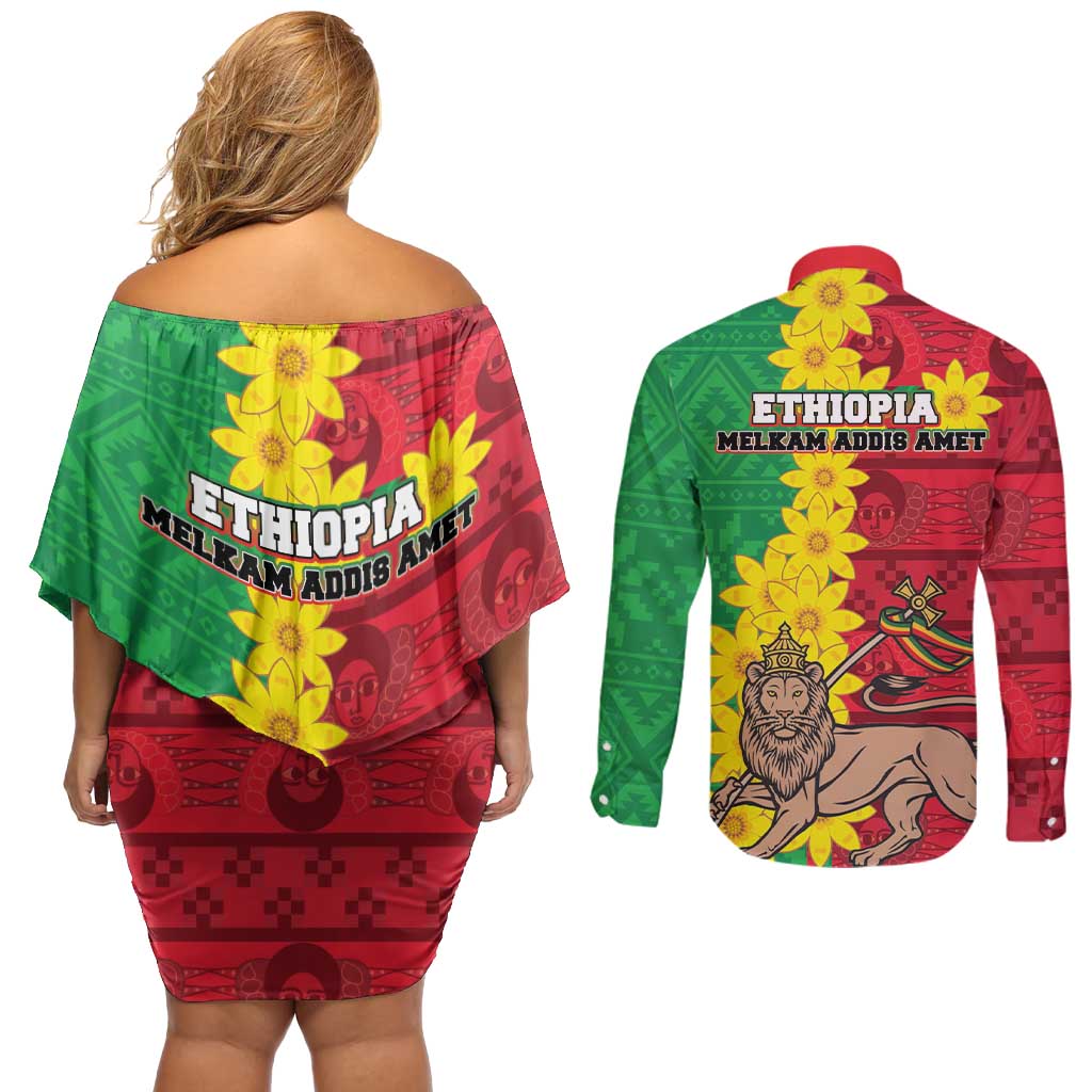 Ethiopia Enkutatash Melkam Addis Amet Couples Matching Off Shoulder Short Dress and Long Sleeve Button Shirt With Bidens Macroptera - Wonder Print Shop