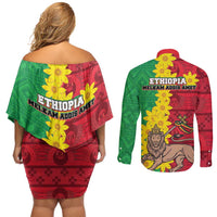 Ethiopia Enkutatash Melkam Addis Amet Couples Matching Off Shoulder Short Dress and Long Sleeve Button Shirt With Bidens Macroptera - Wonder Print Shop