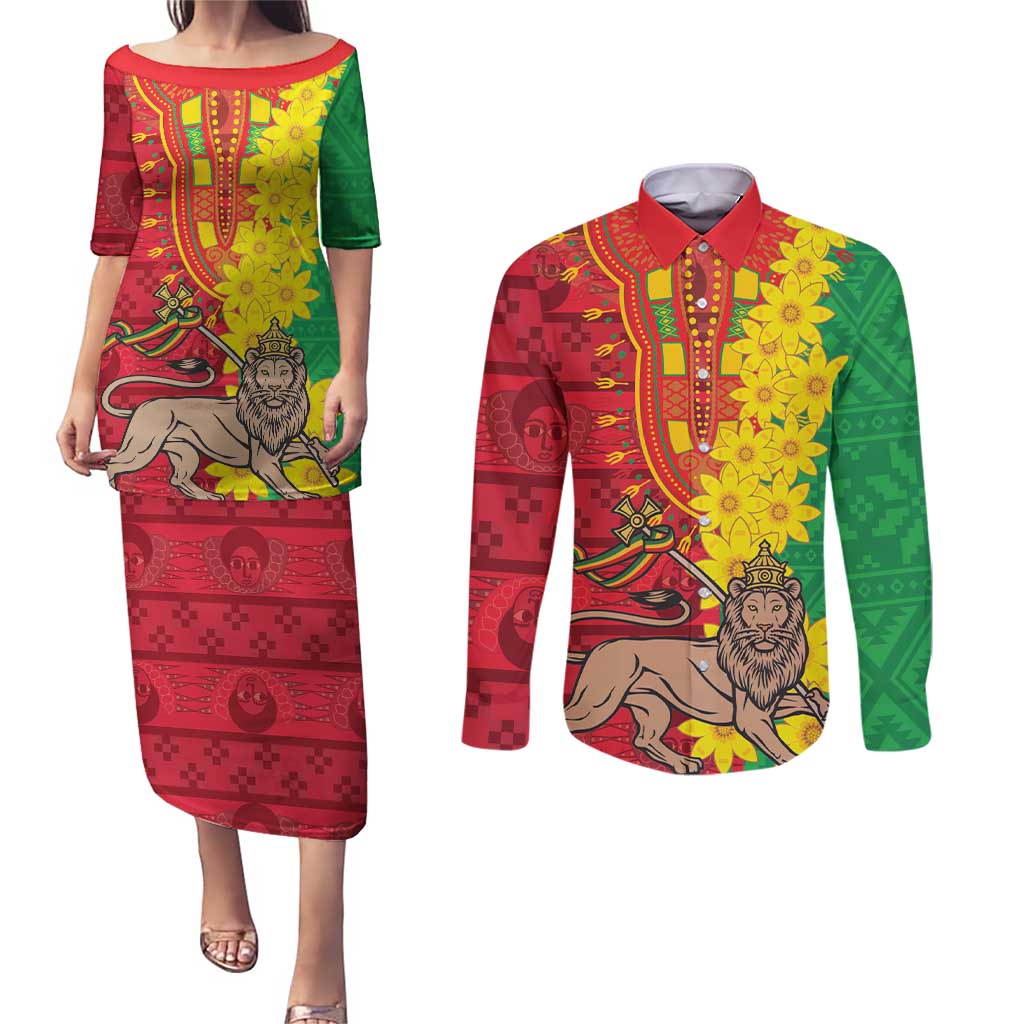 Ethiopia Enkutatash Melkam Addis Amet Couples Matching Puletasi and Long Sleeve Button Shirt With Bidens Macroptera - Wonder Print Shop