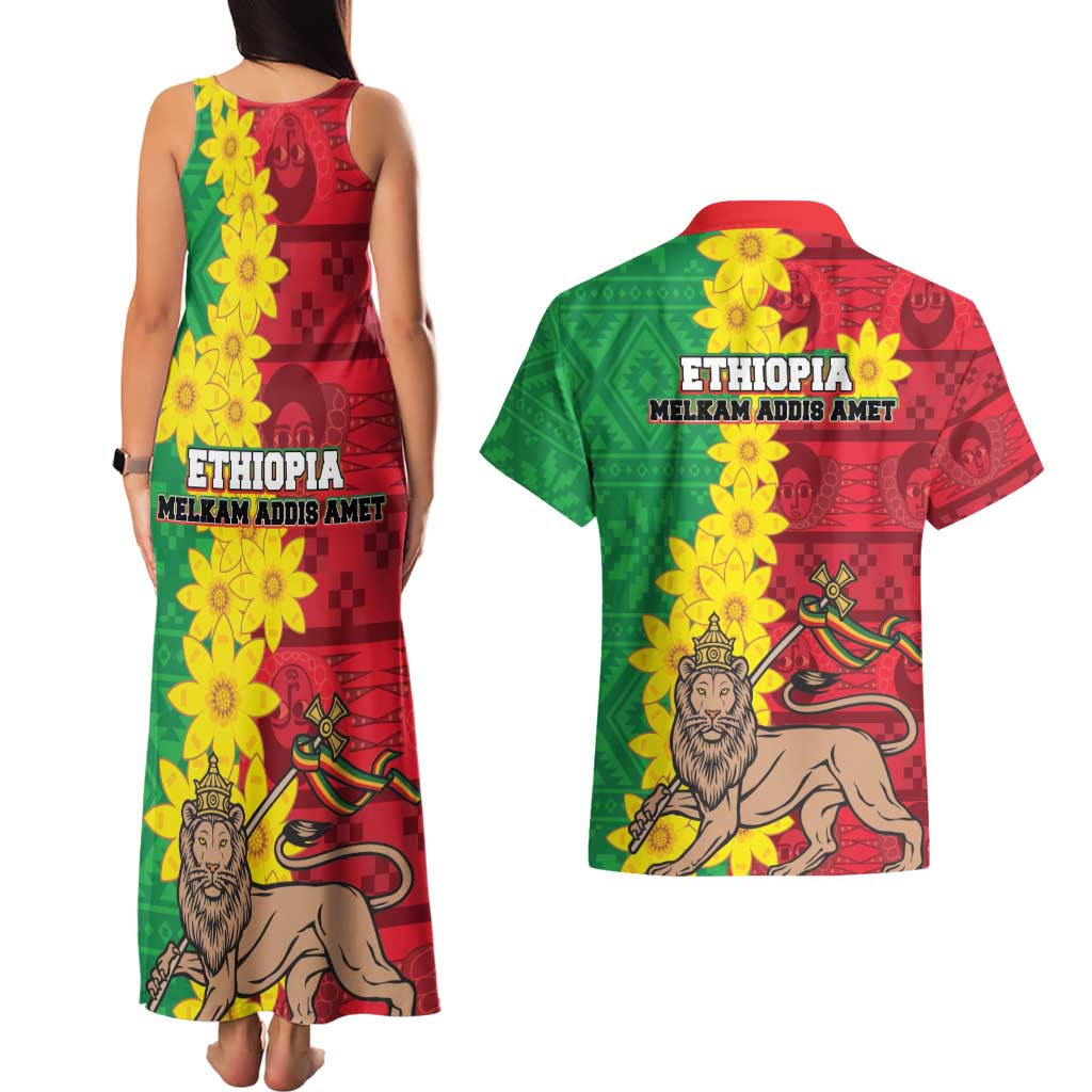 Ethiopia Enkutatash Melkam Addis Amet Couples Matching Tank Maxi Dress and Hawaiian Shirt With Bidens Macroptera - Wonder Print Shop