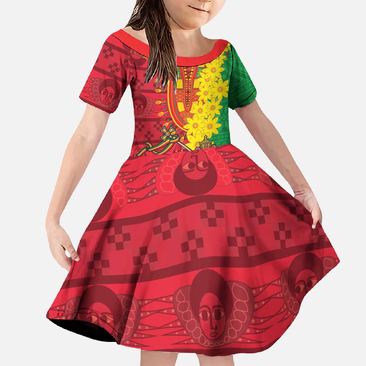 Ethiopia Enkutatash Melkam Addis Amet Family Matching Off The Shoulder Long Sleeve Dress and Hawaiian Shirt With Bidens Macroptera - Wonder Print Shop