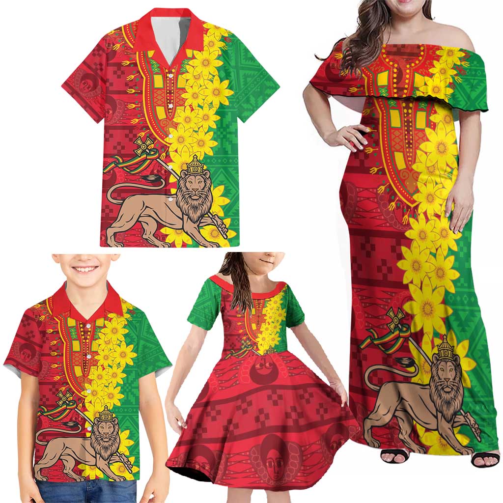 Ethiopia Enkutatash Melkam Addis Amet Family Matching Off Shoulder Maxi Dress and Hawaiian Shirt With Bidens Macroptera - Wonder Print Shop