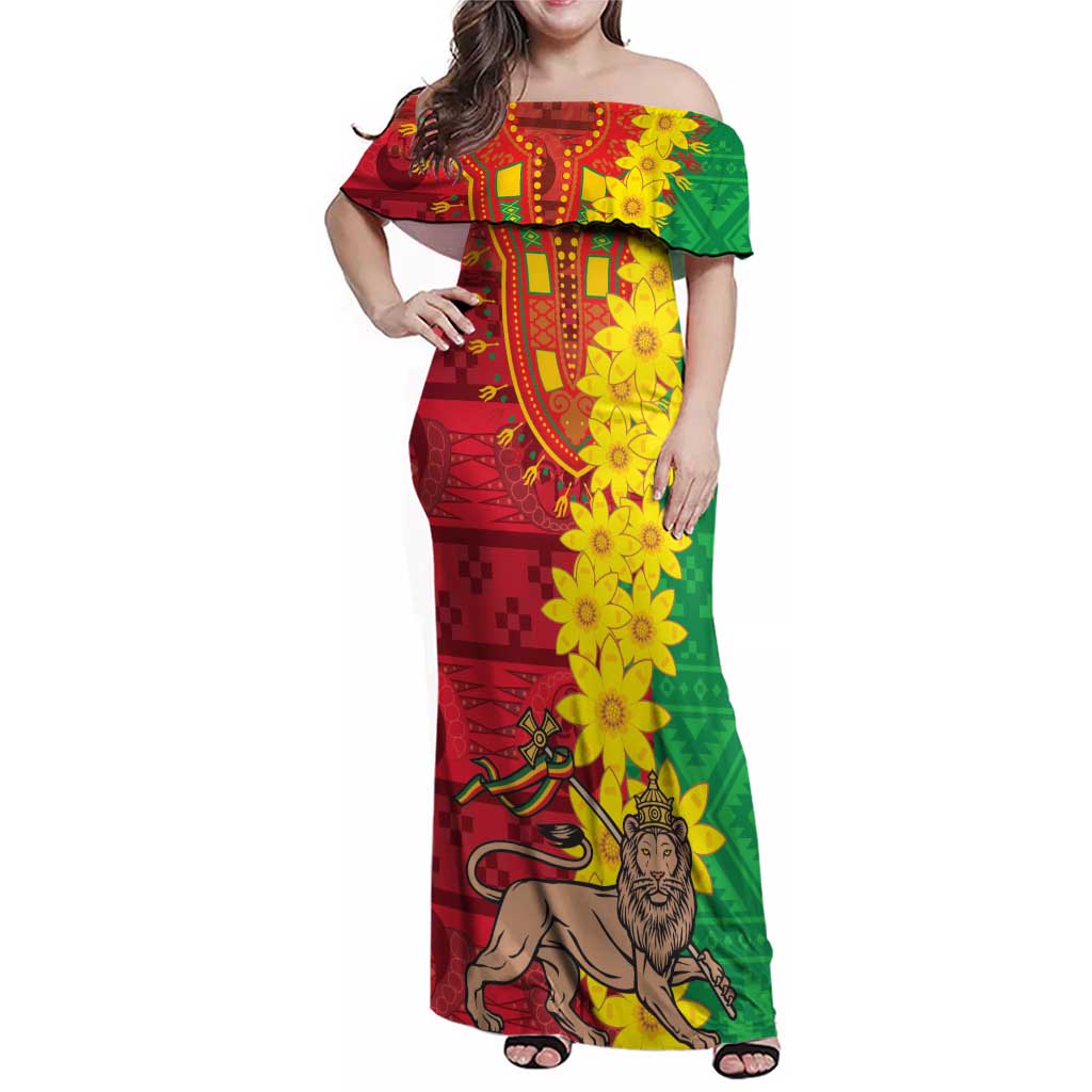 Ethiopia Enkutatash Melkam Addis Amet Family Matching Off Shoulder Maxi Dress and Hawaiian Shirt With Bidens Macroptera - Wonder Print Shop