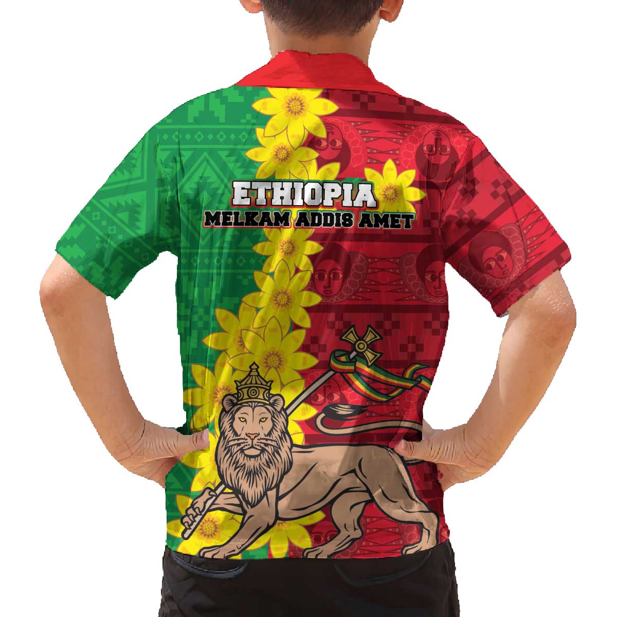 Ethiopia Enkutatash Melkam Addis Amet Family Matching Off Shoulder Short Dress and Hawaiian Shirt With Bidens Macroptera - Wonder Print Shop