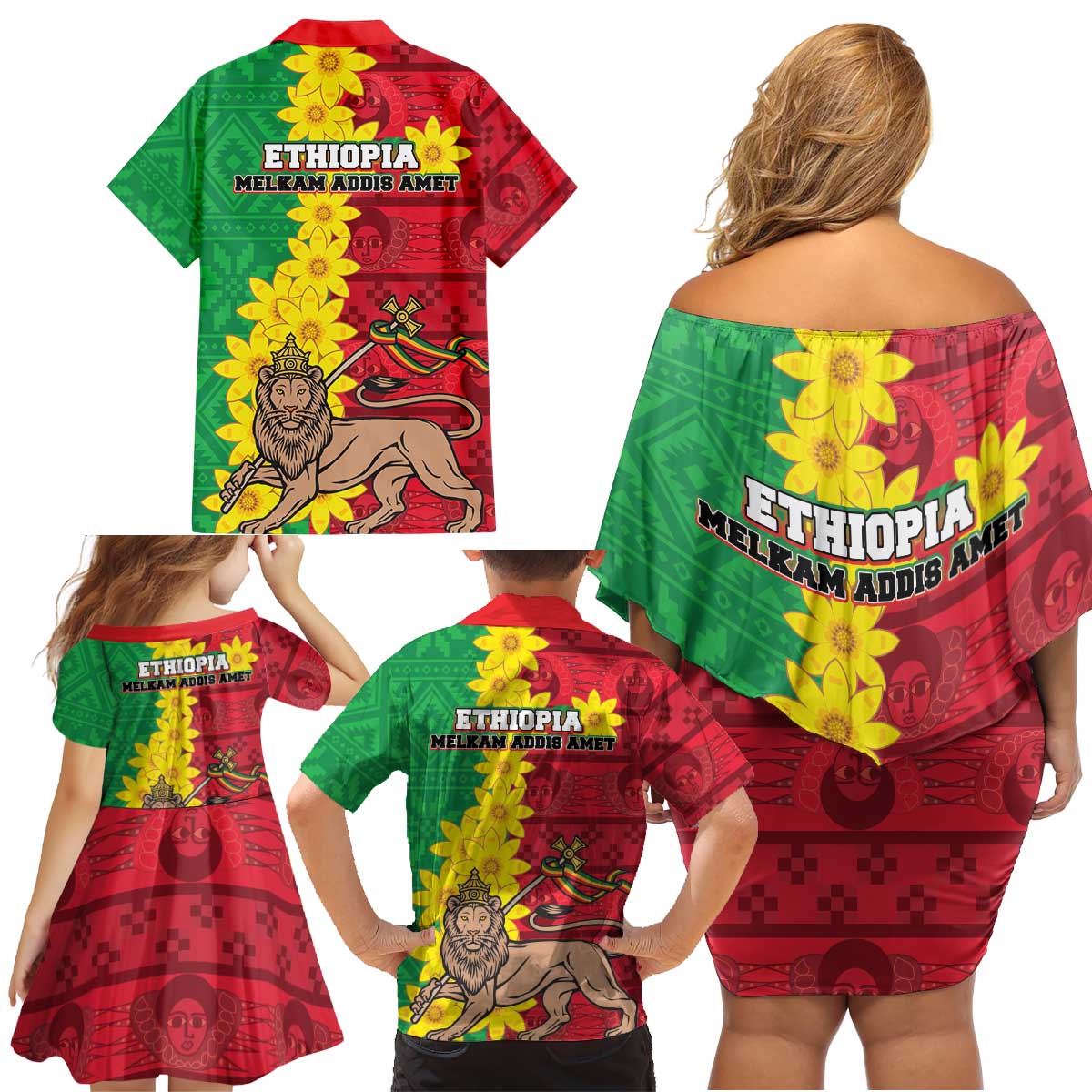 Ethiopia Enkutatash Melkam Addis Amet Family Matching Off Shoulder Short Dress and Hawaiian Shirt With Bidens Macroptera - Wonder Print Shop