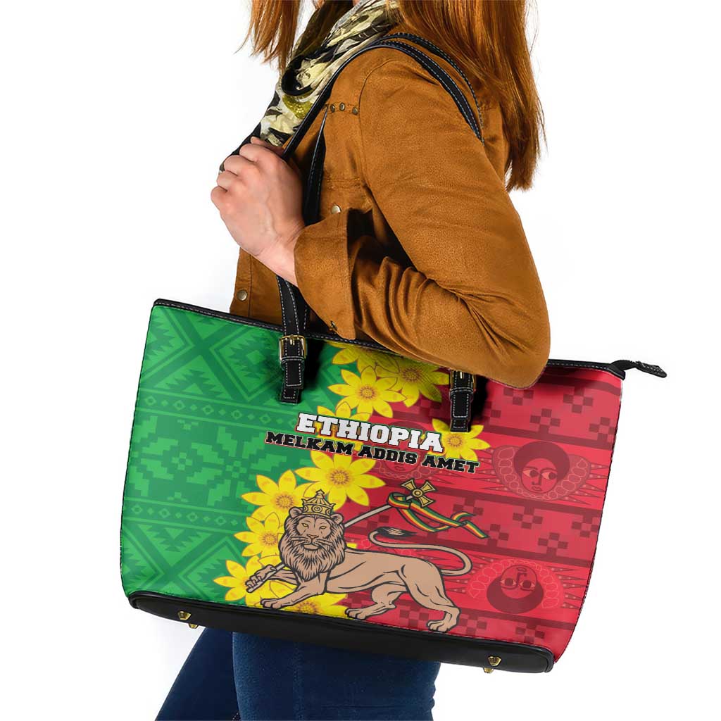 Ethiopia Enkutatash Melkam Addis Amet Leather Tote Bag With Bidens Macroptera - Wonder Print Shop