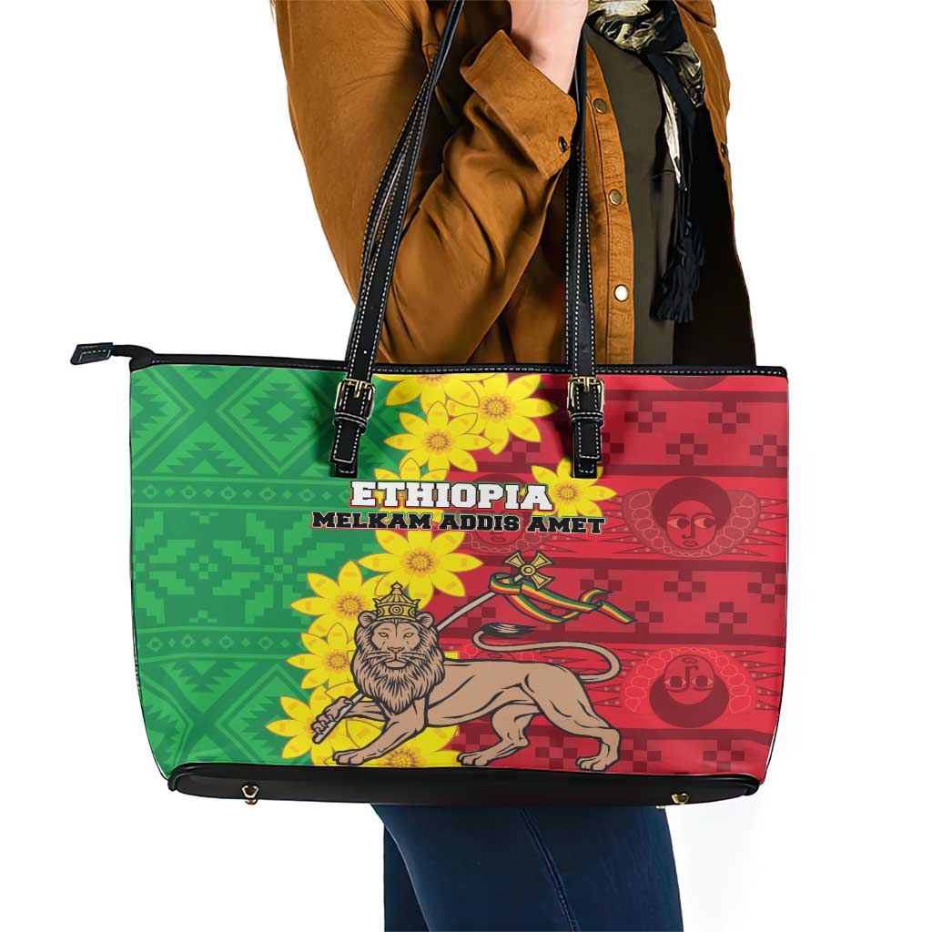 Ethiopia Enkutatash Melkam Addis Amet Leather Tote Bag With Bidens Macroptera - Wonder Print Shop