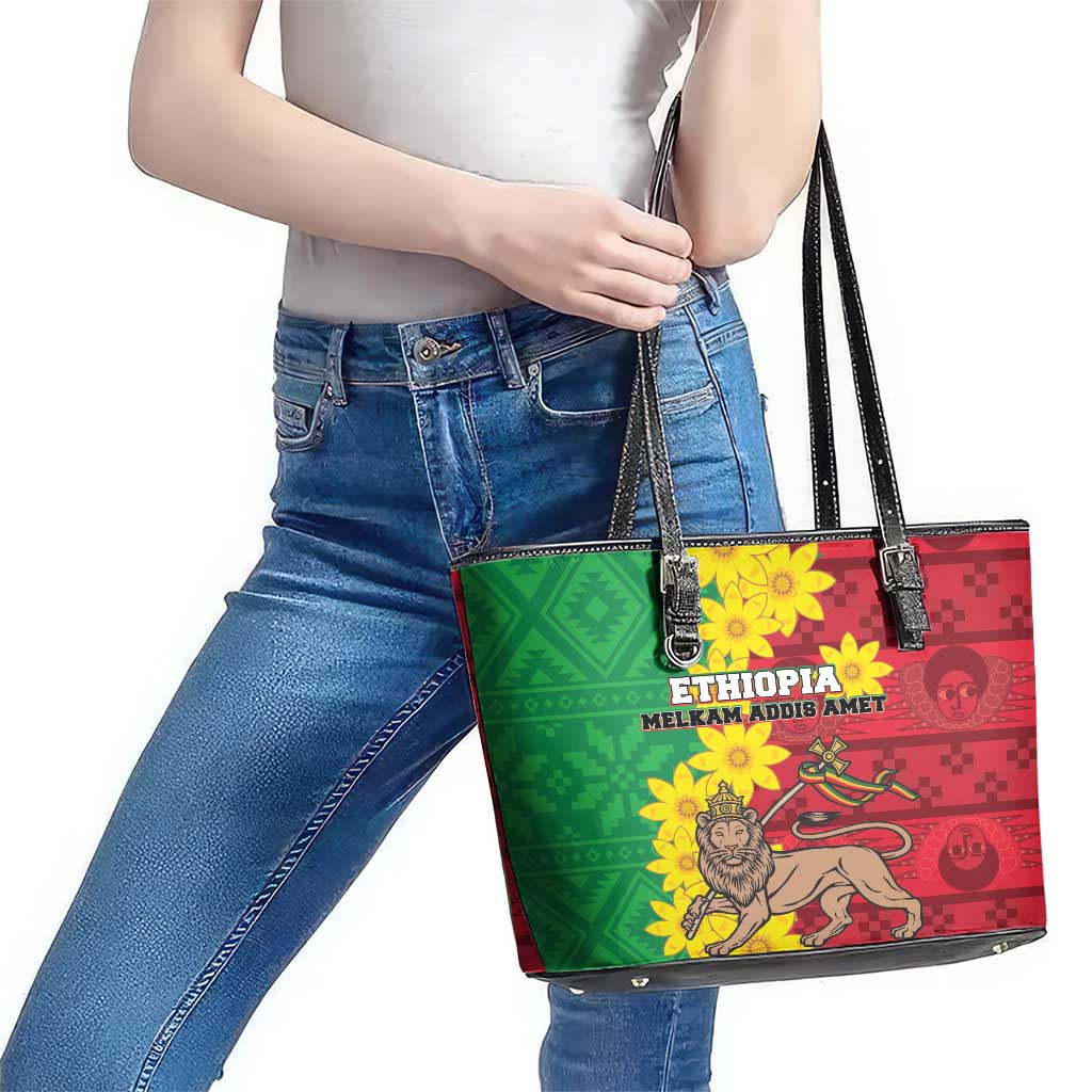 Ethiopia Enkutatash Melkam Addis Amet Leather Tote Bag With Bidens Macroptera - Wonder Print Shop
