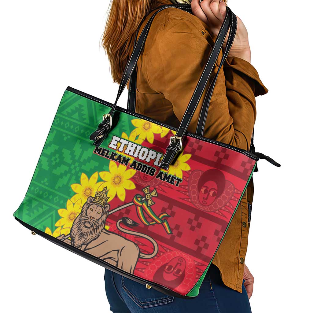 Ethiopia Enkutatash Melkam Addis Amet Leather Tote Bag With Bidens Macroptera - Wonder Print Shop