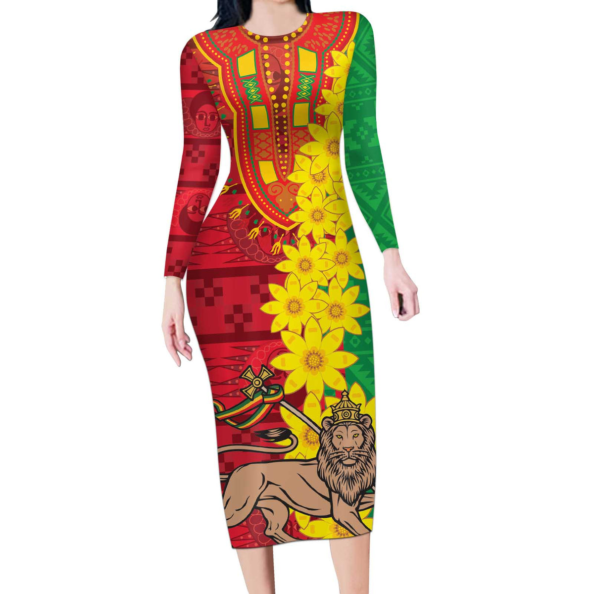 Ethiopia Enkutatash Melkam Addis Amet Long Sleeve Bodycon Dress With Bidens Macroptera - Wonder Print Shop