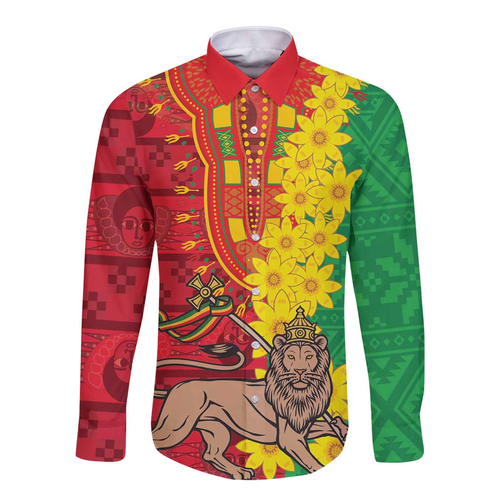 Ethiopia Enkutatash Melkam Addis Amet Long Sleeve Button Shirt With Bidens Macroptera - Wonder Print Shop