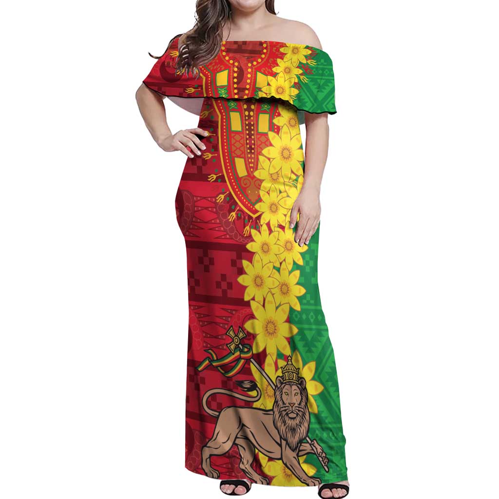 Ethiopia Enkutatash Melkam Addis Amet Off Shoulder Maxi Dress With Bidens Macroptera - Wonder Print Shop