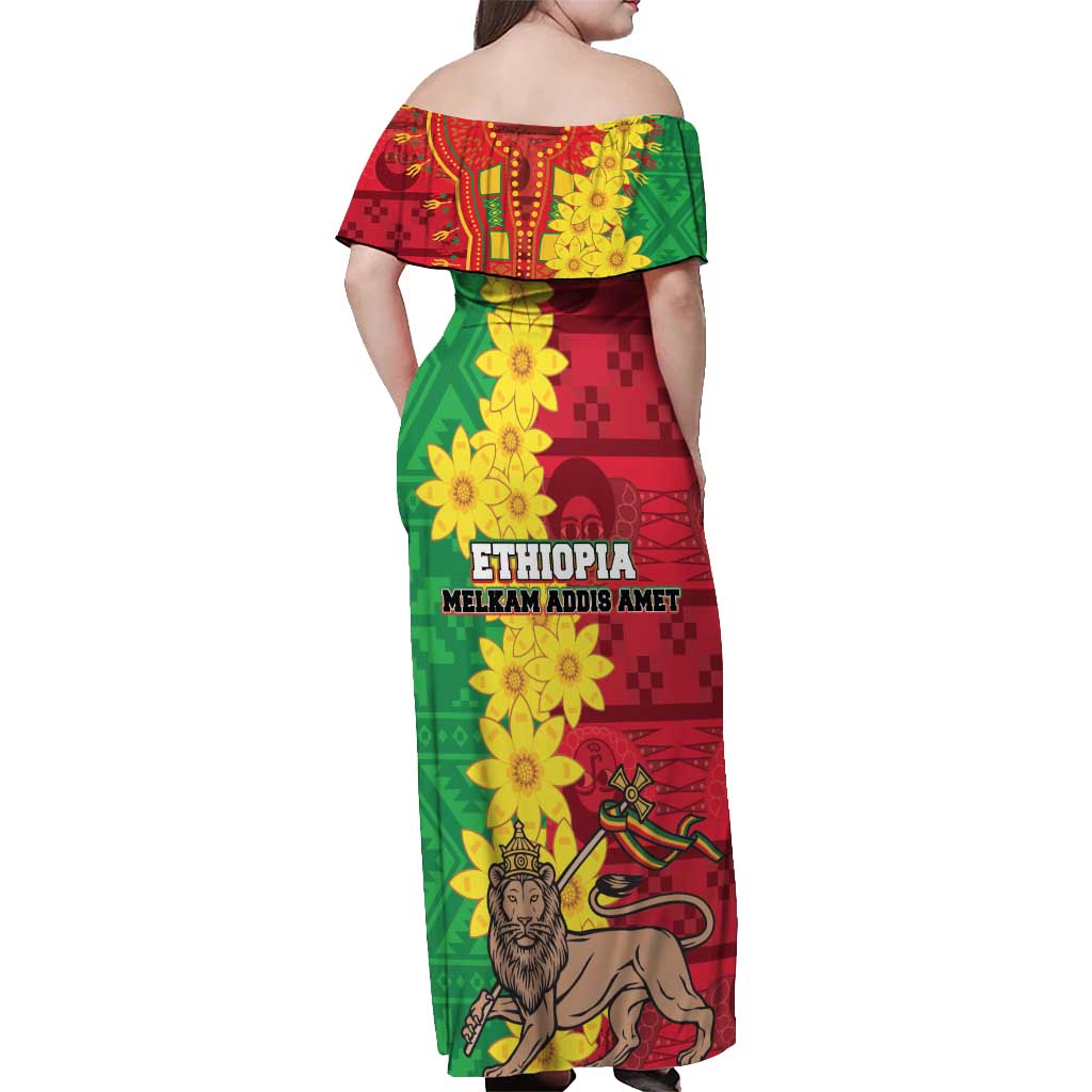 Ethiopia Enkutatash Melkam Addis Amet Off Shoulder Maxi Dress With Bidens Macroptera - Wonder Print Shop