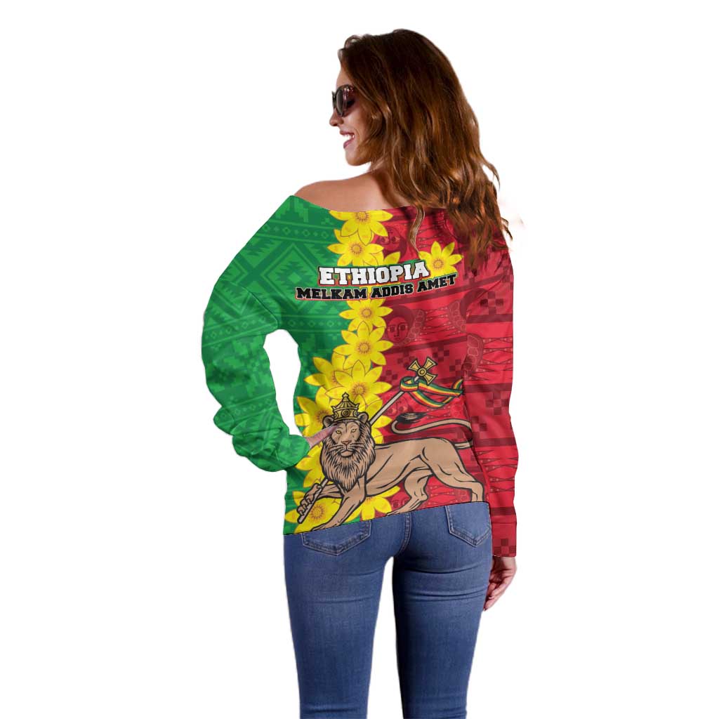 Ethiopia Enkutatash Melkam Addis Amet Off Shoulder Sweater With Bidens Macroptera - Wonder Print Shop