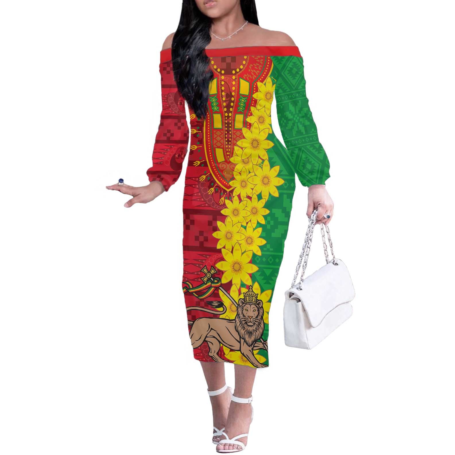 Ethiopia Enkutatash Melkam Addis Amet Off The Shoulder Long Sleeve Dress With Bidens Macroptera - Wonder Print Shop