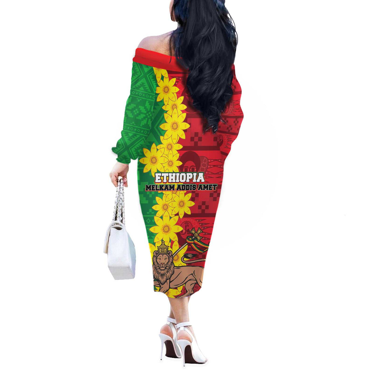 Ethiopia Enkutatash Melkam Addis Amet Off The Shoulder Long Sleeve Dress With Bidens Macroptera - Wonder Print Shop
