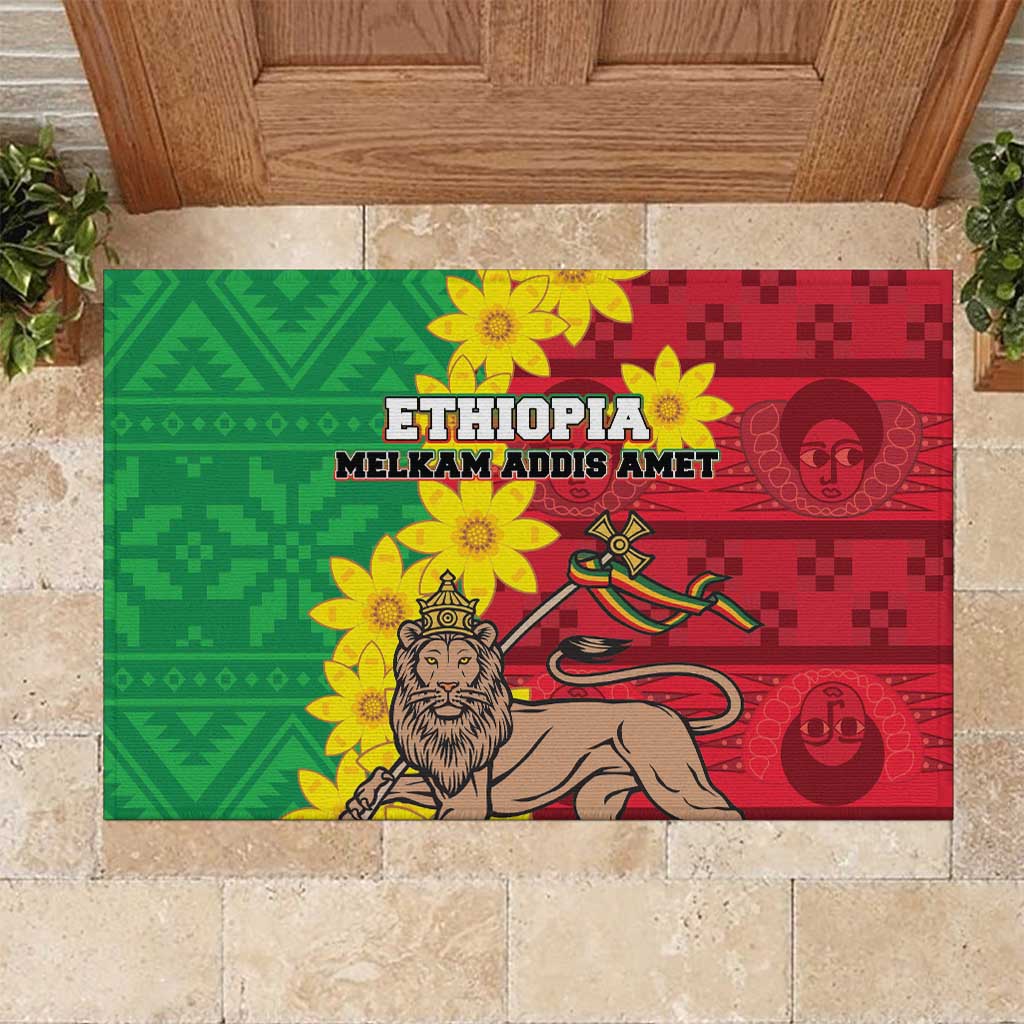 Ethiopia Enkutatash Melkam Addis Amet Rubber Doormat With Bidens Macroptera - Wonder Print Shop