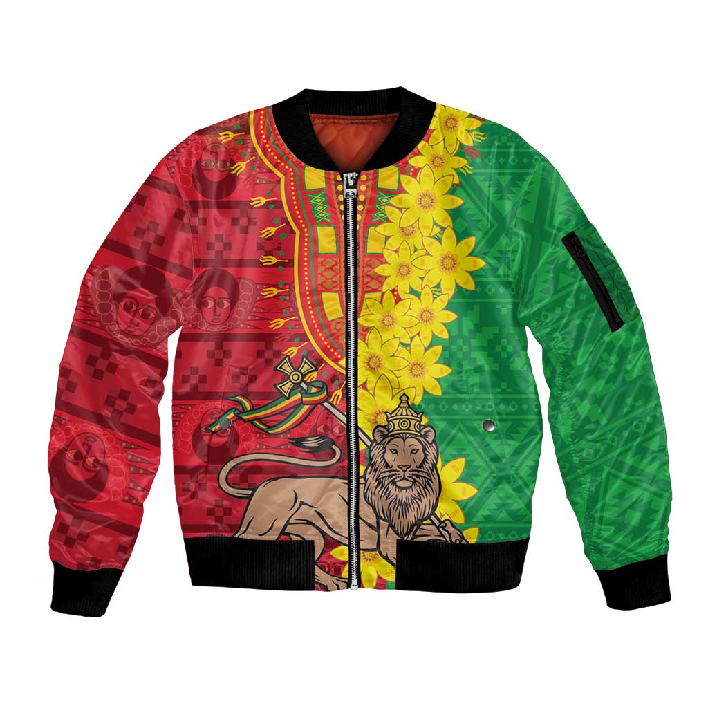 Ethiopia Enkutatash Melkam Addis Amet Sleeve Zip Bomber Jacket With Bidens Macroptera - Wonder Print Shop