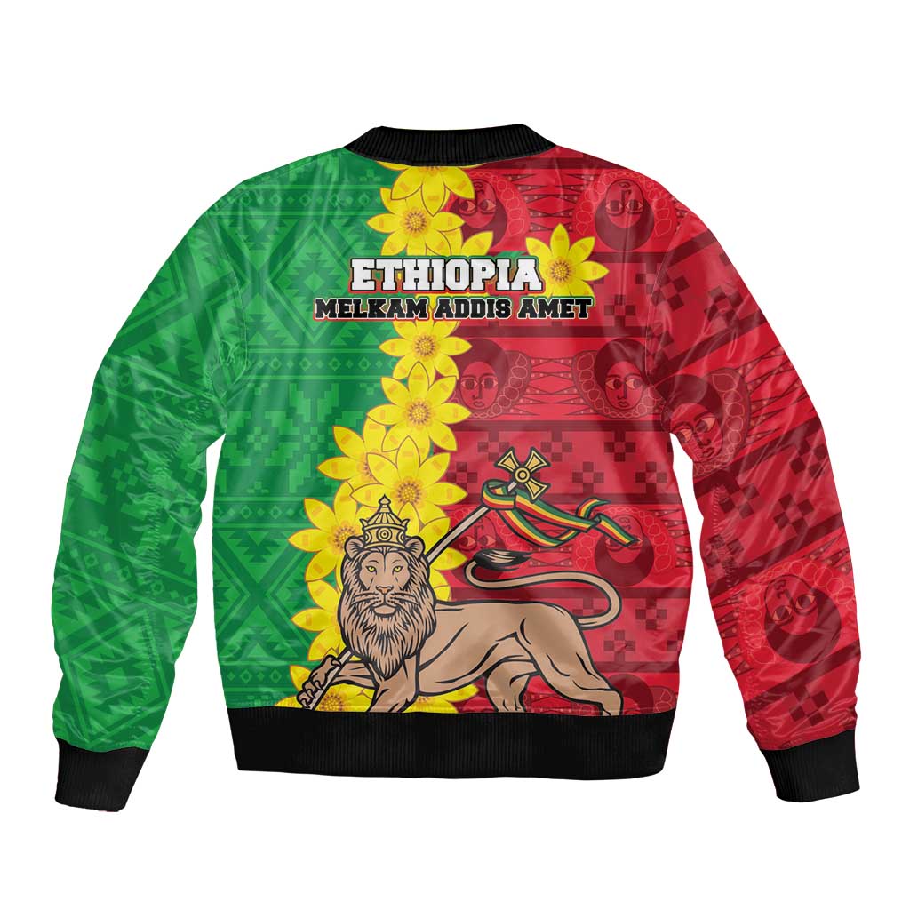 Ethiopia Enkutatash Melkam Addis Amet Sleeve Zip Bomber Jacket With Bidens Macroptera - Wonder Print Shop